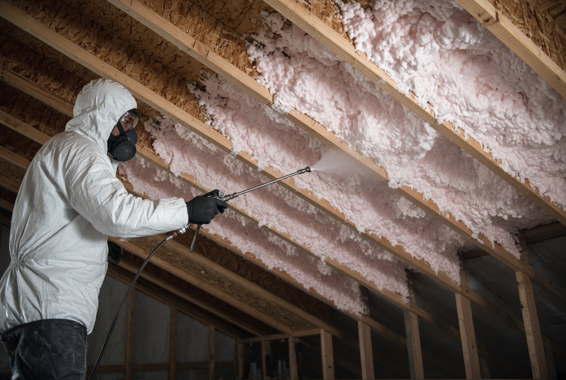 Open-cell spray foam being applied in an attic
